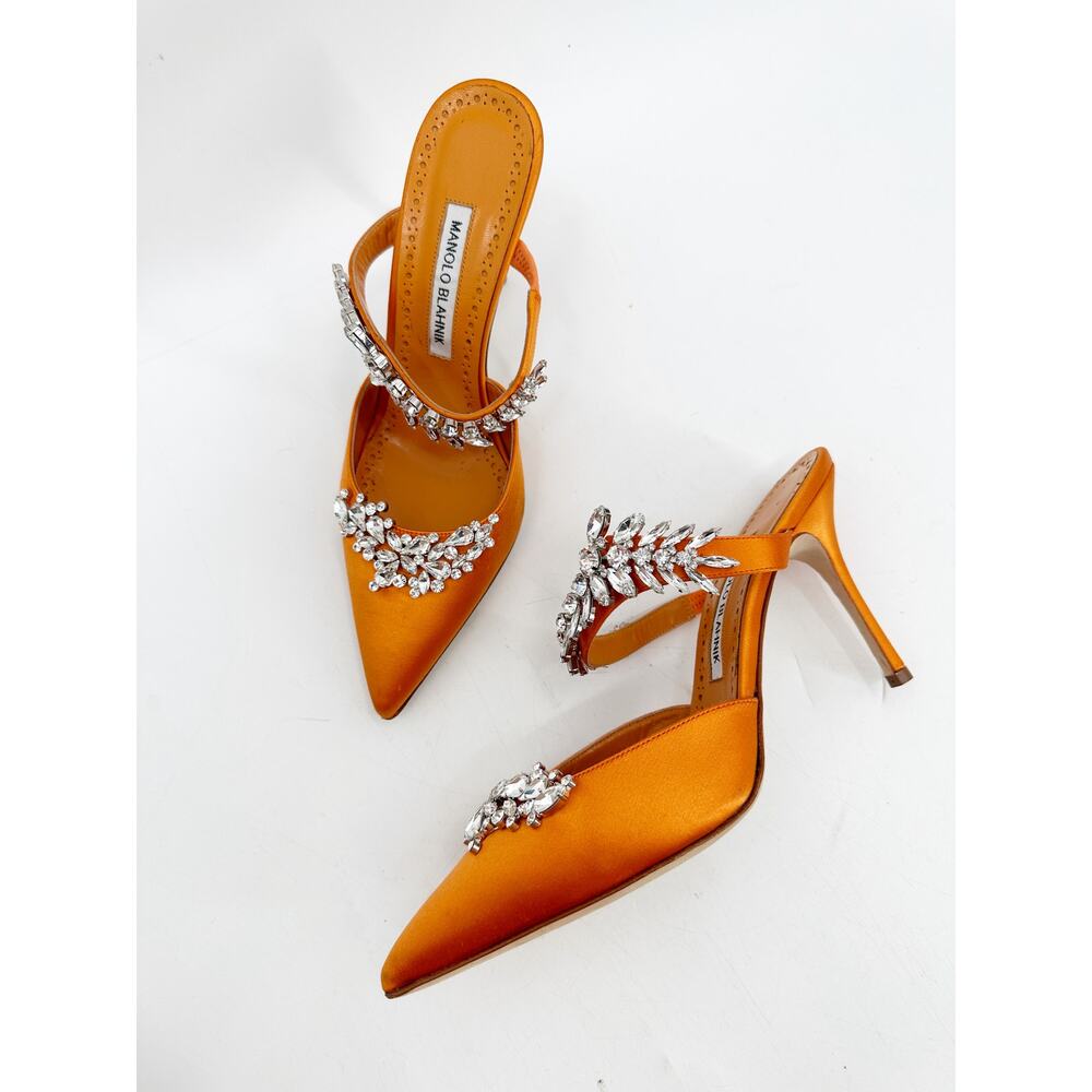 Manolo Blahnik Orange Satin Crystal Embellished 90 Mules 39.5
